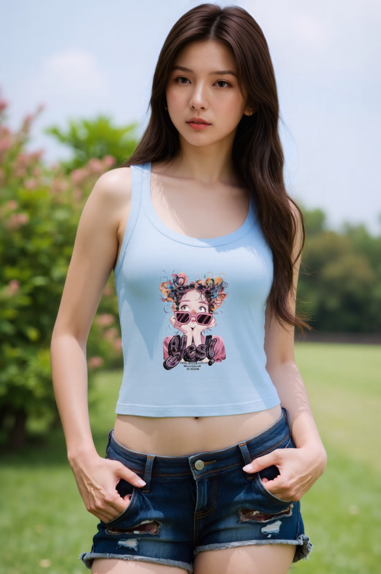 Women’s Micro - Rib Tank Top with Sunglasses - Wearing Girl Print: Chic, Comfortable, and On - Trend